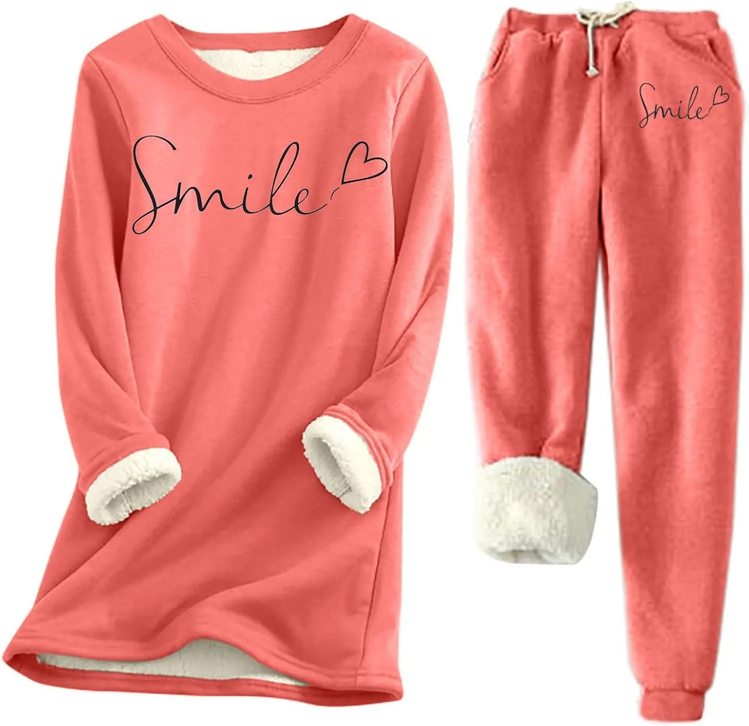 2 Piece Jogging Suits For Women Sherpa Fleece Lined Sweatshirts Jogger Pant Warm Crewneck Sweatsuits Pjs Sleepwear