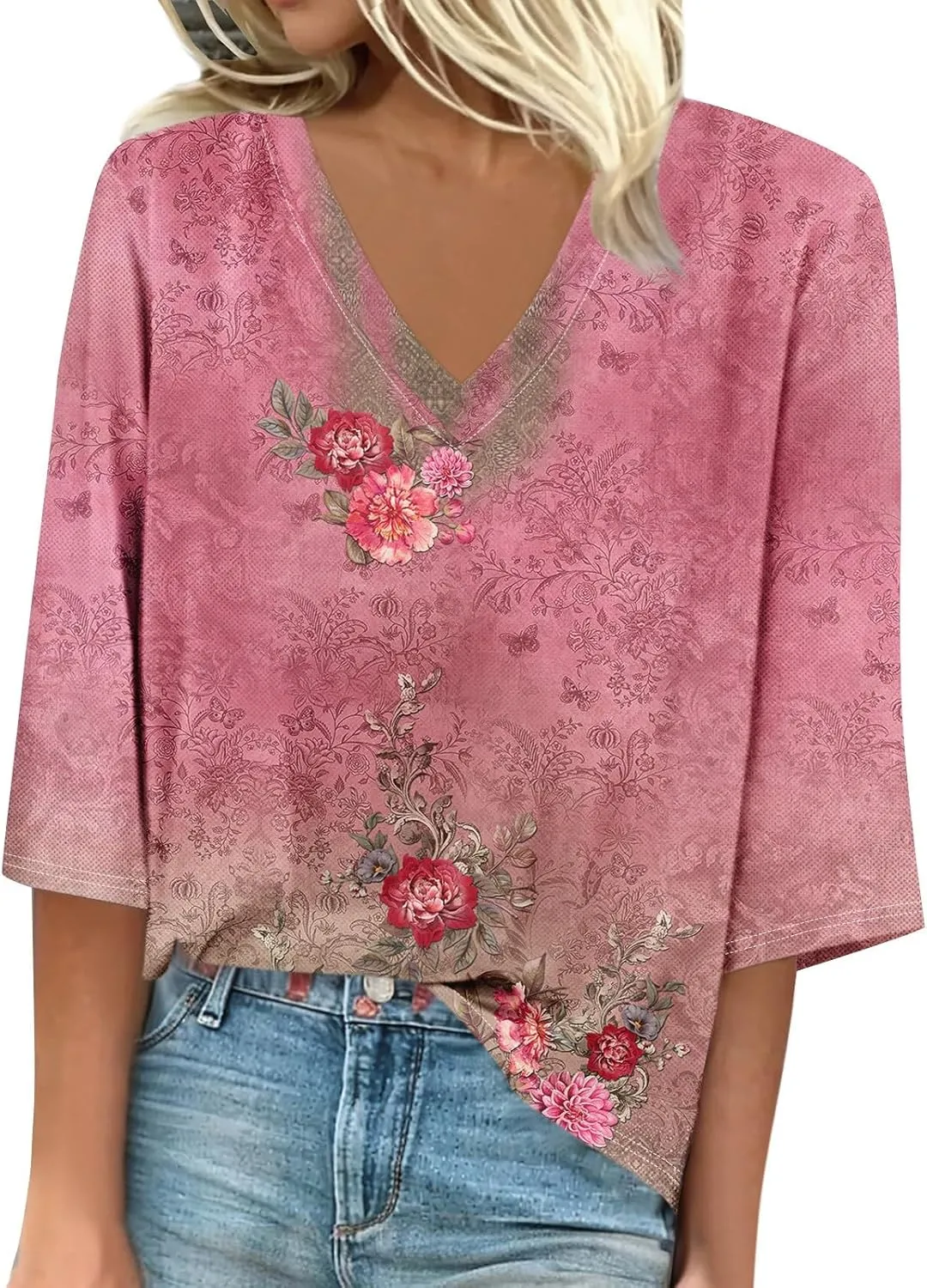 3/4 Sleeve T Shirts for Women V Neck 3/4 Sleeve Pullover Floral Print Baggy T Shirts Business Cute Work Tops