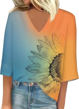 3/4 Sleeve T Shirts for Women V Neck 3/4 Sleeve Pullover Floral Print Baggy T Shirts Business Cute Work Tops