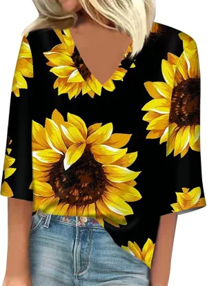 3/4 Sleeve T Shirts for Women V Neck 3/4 Sleeve Pullover Floral Print Baggy T Shirts Business Cute Work Tops