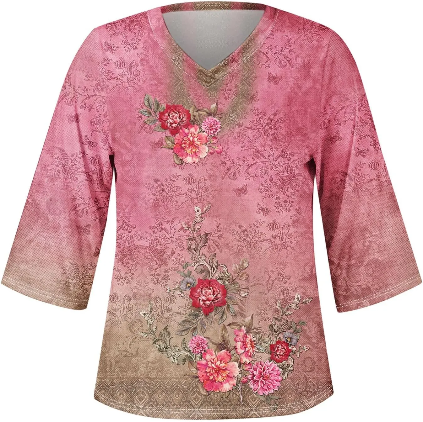 3/4 Sleeve T Shirts for Women V Neck 3/4 Sleeve Pullover Floral Print Baggy T Shirts Business Cute Work Tops