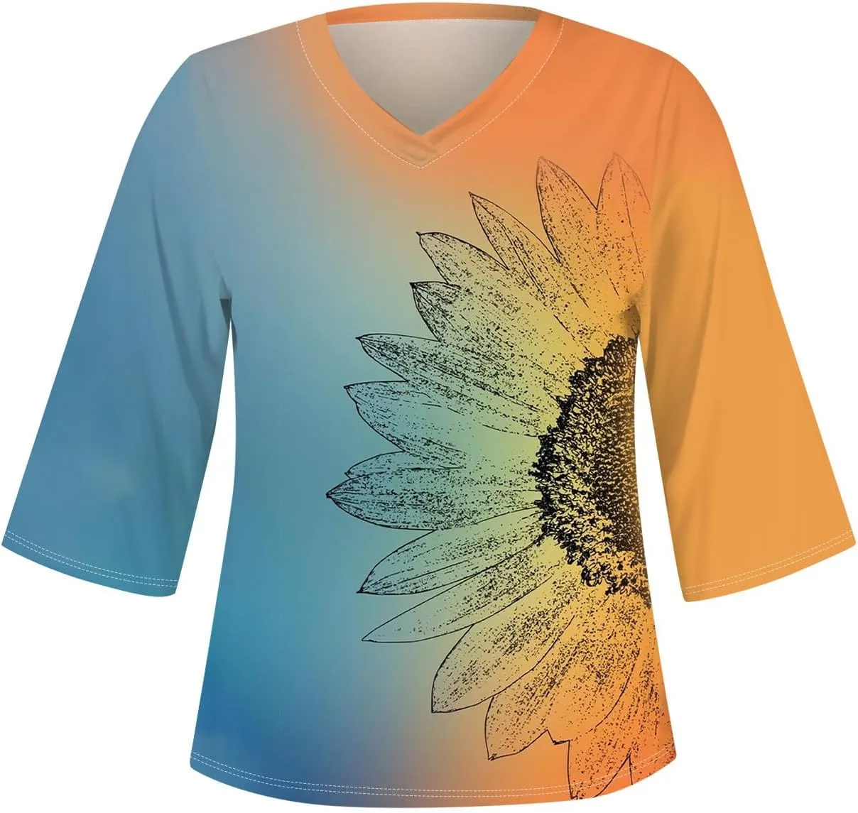 3/4 Sleeve T Shirts for Women V Neck 3/4 Sleeve Pullover Floral Print Baggy T Shirts Business Cute Work Tops