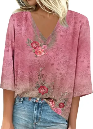 3/4 Sleeve T Shirts for Women V Neck 3/4 Sleeve Pullover Floral Print Baggy T Shirts Business Cute Work Tops