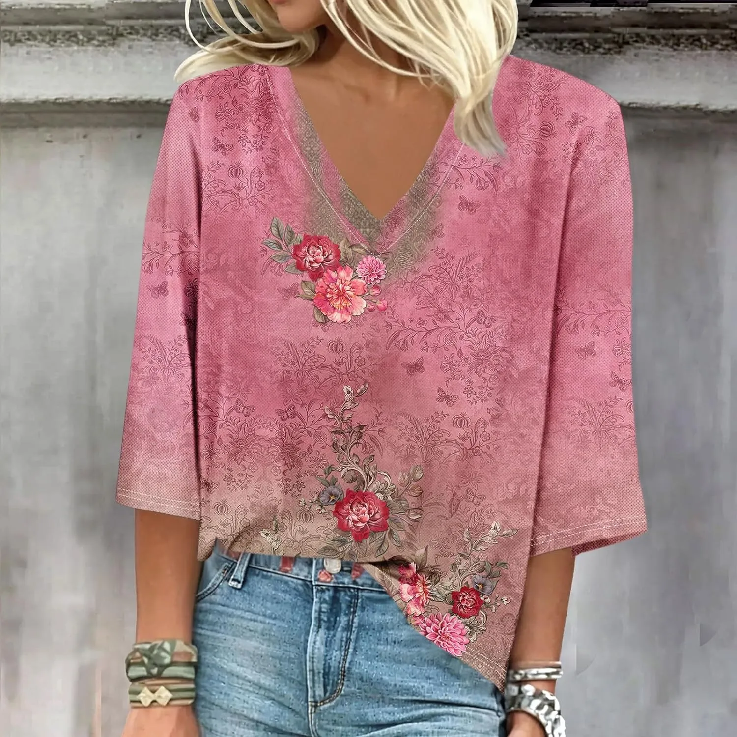 3/4 Sleeve T Shirts for Women V Neck 3/4 Sleeve Pullover Floral Print Baggy T Shirts Business Cute Work Tops