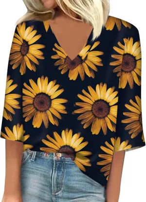 3/4 Sleeve T Shirts for Women V Neck 3/4 Sleeve Pullover Floral Print Baggy T Shirts Business Cute Work Tops