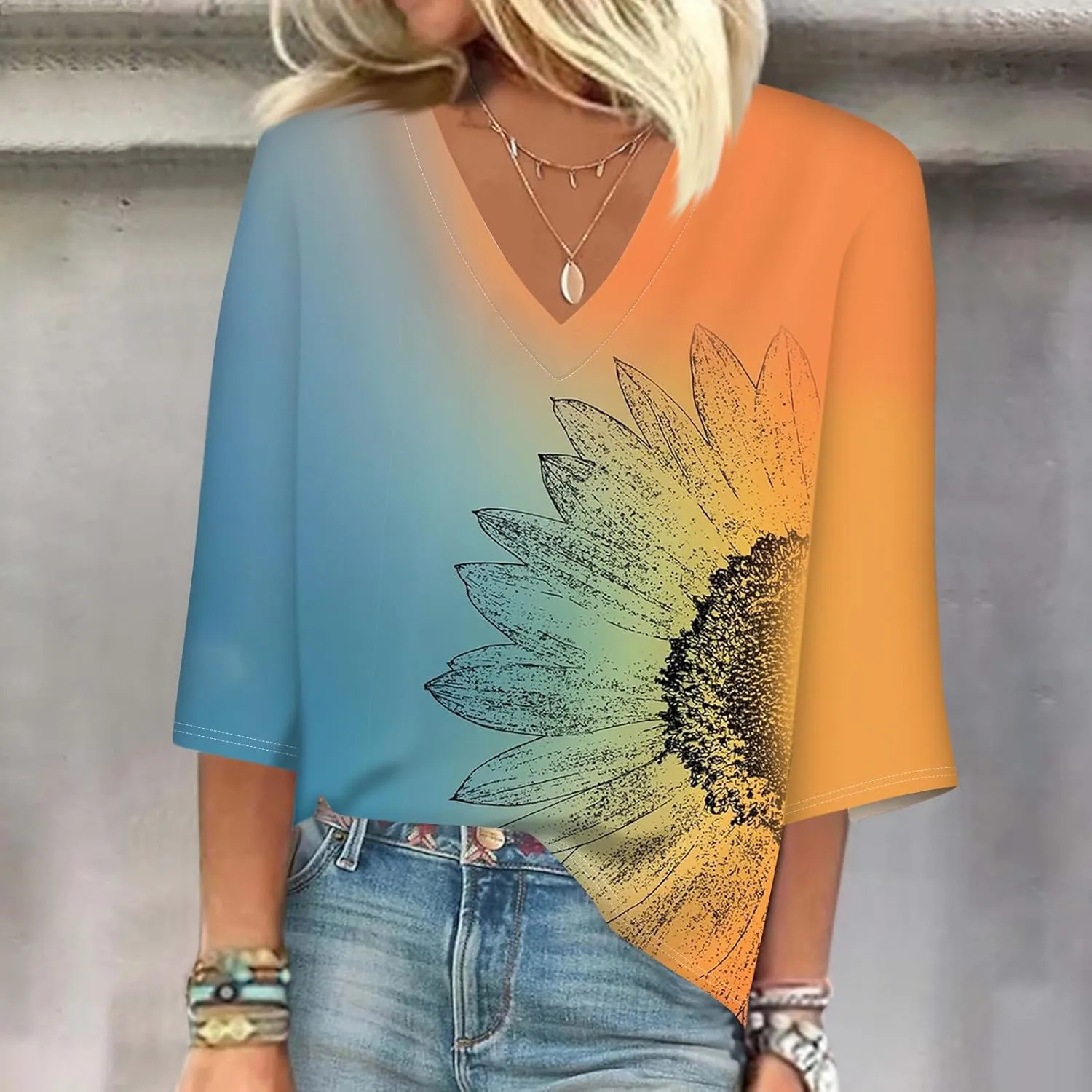 3/4 Sleeve T Shirts for Women V Neck 3/4 Sleeve Pullover Floral Print Baggy T Shirts Business Cute Work Tops