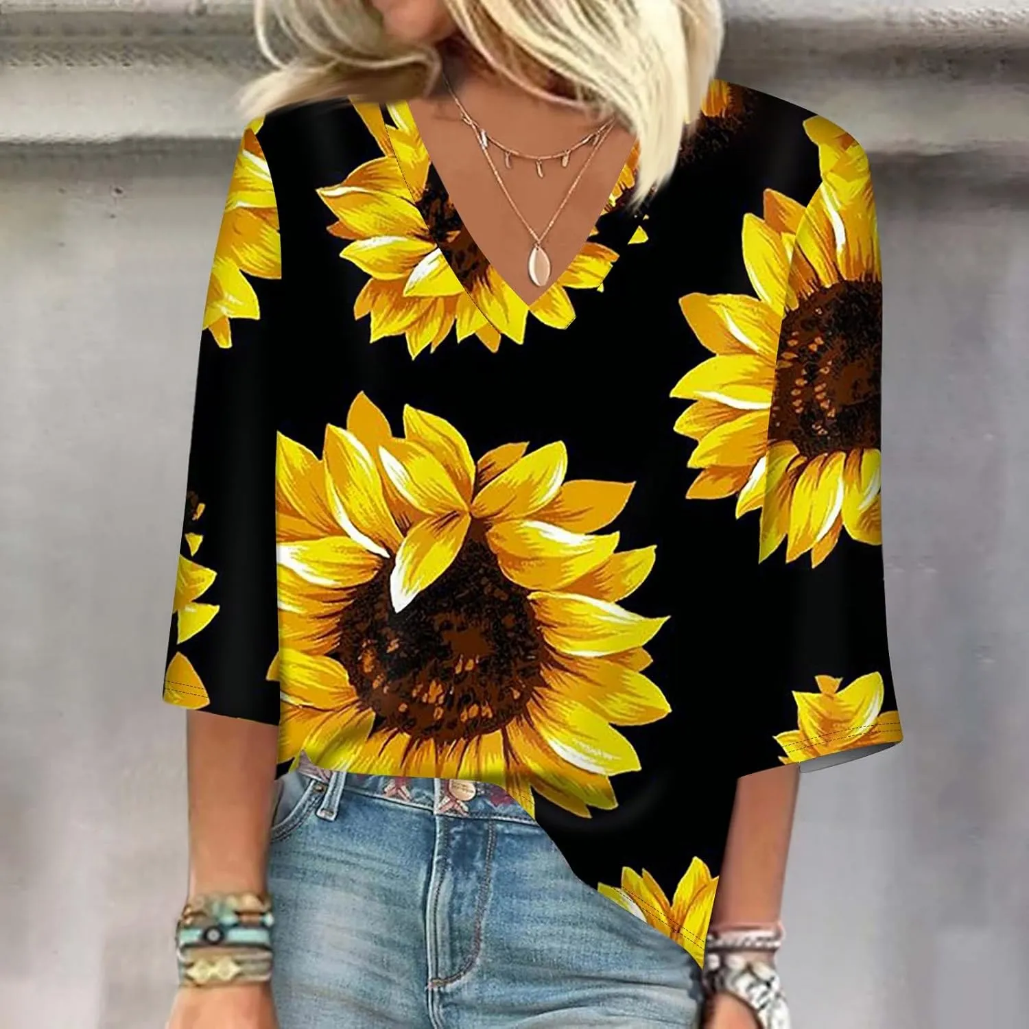 3/4 Sleeve T Shirts for Women V Neck 3/4 Sleeve Pullover Floral Print Baggy T Shirts Business Cute Work Tops
