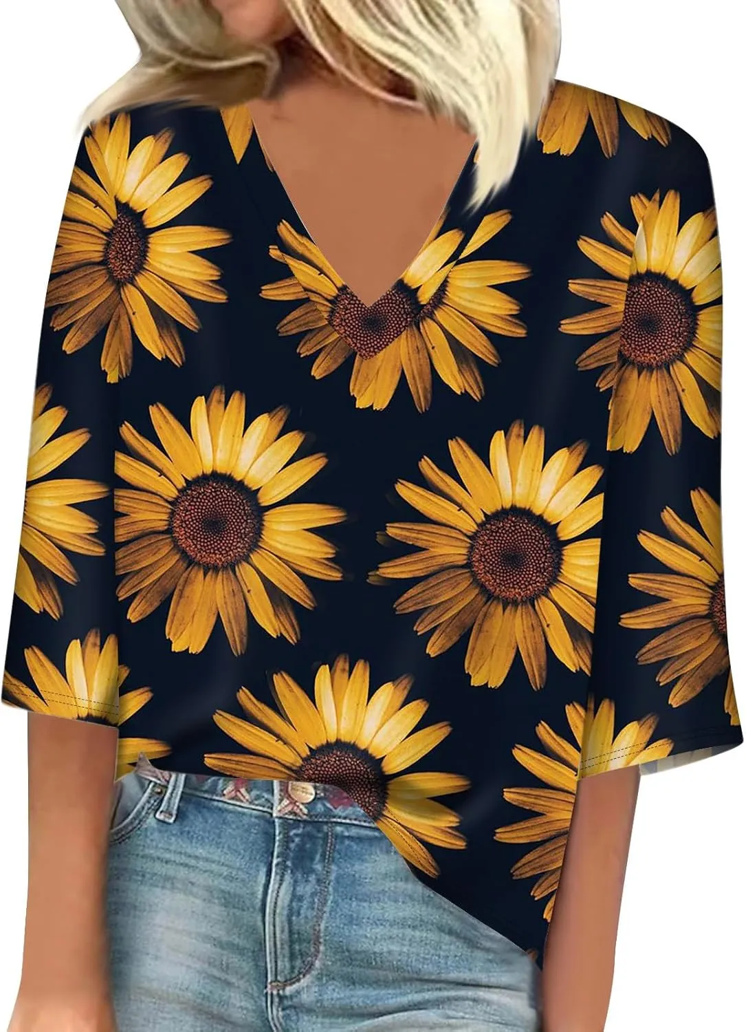 3/4 Sleeve T Shirts for Women V Neck 3/4 Sleeve Pullover Floral Print Baggy T Shirts Business Cute Work Tops