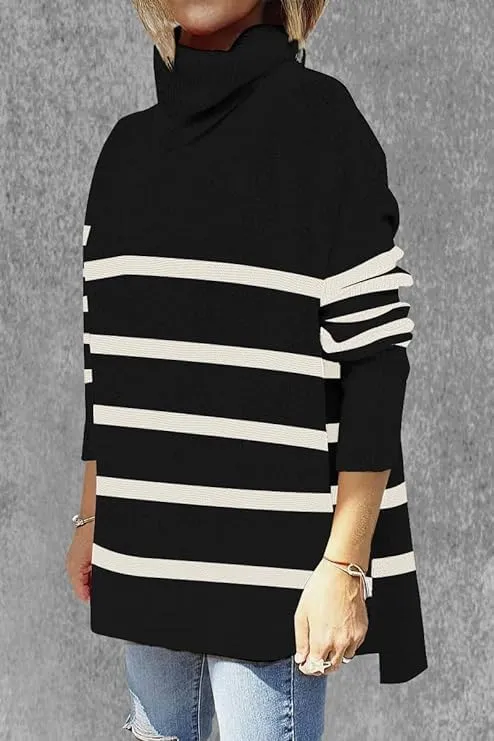 AiMgFUN Womens Strip Turtleneck Sweaters Long Sleeve Slit Knit Tops Fall Oversized Sweater Pullover Tops