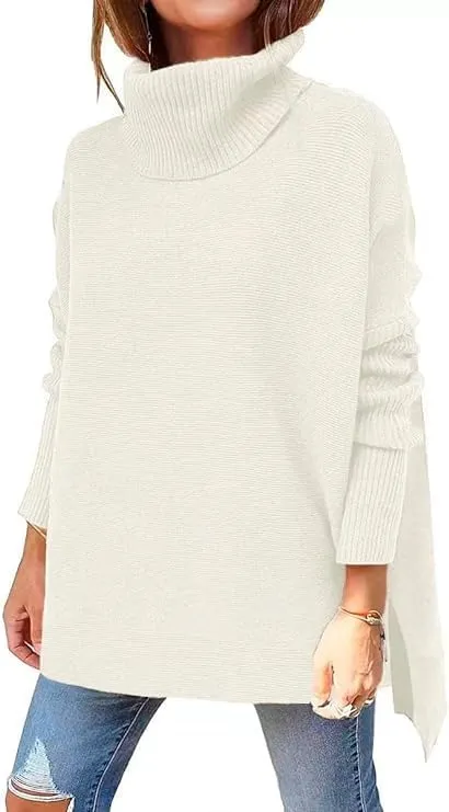 AiMgFUN Womens Strip Turtleneck Sweaters Long Sleeve Slit Knit Tops Fall Oversized Sweater Pullover Tops