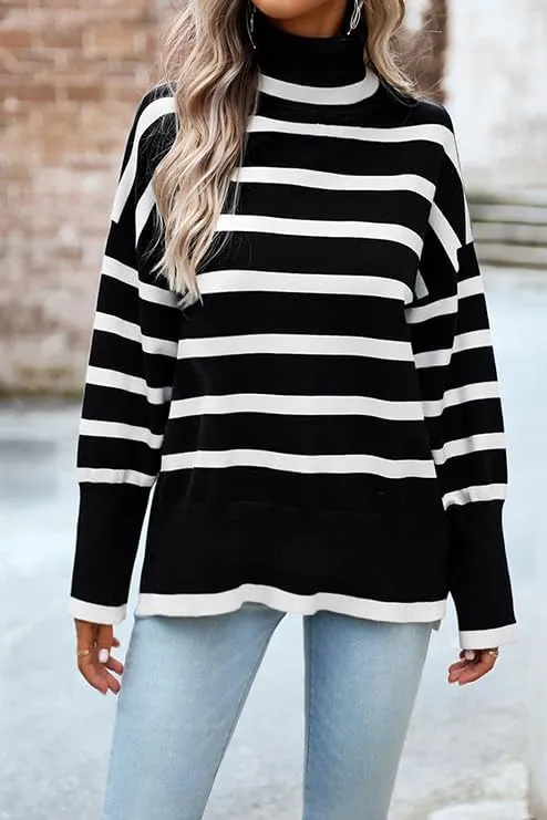AiMgFUN Womens Strip Turtleneck Sweaters Long Sleeve Slit Knit Tops Fall Oversized Sweater Pullover Tops