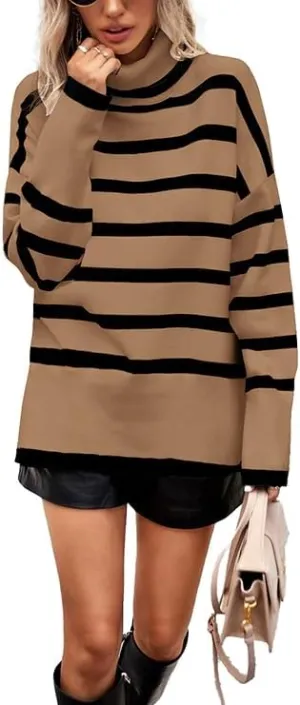 AiMgFUN Womens Strip Turtleneck Sweaters Long Sleeve Slit Knit Tops Fall Oversized Sweater Pullover Tops