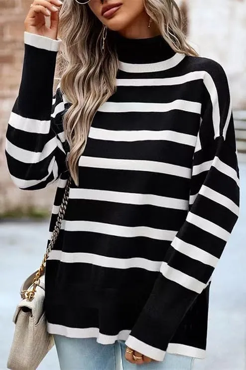 AiMgFUN Womens Strip Turtleneck Sweaters Long Sleeve Slit Knit Tops Fall Oversized Sweater Pullover Tops