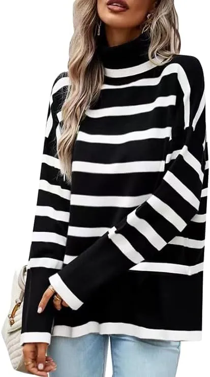 AiMgFUN Womens Strip Turtleneck Sweaters Long Sleeve Slit Knit Tops Fall Oversized Sweater Pullover Tops
