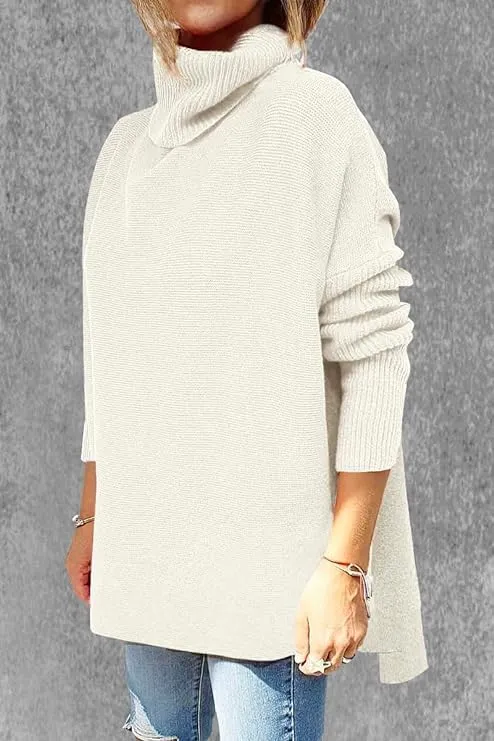 AiMgFUN Womens Strip Turtleneck Sweaters Long Sleeve Slit Knit Tops Fall Oversized Sweater Pullover Tops