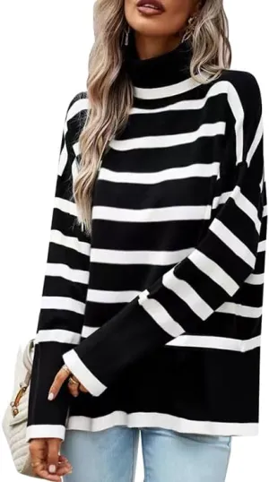 AiMgFUN Womens Strip Turtleneck Sweaters Long Sleeve Slit Knit Tops Fall Oversized Sweater Pullover Tops