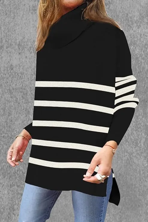 AiMgFUN Womens Strip Turtleneck Sweaters Long Sleeve Slit Knit Tops Fall Oversized Sweater Pullover Tops