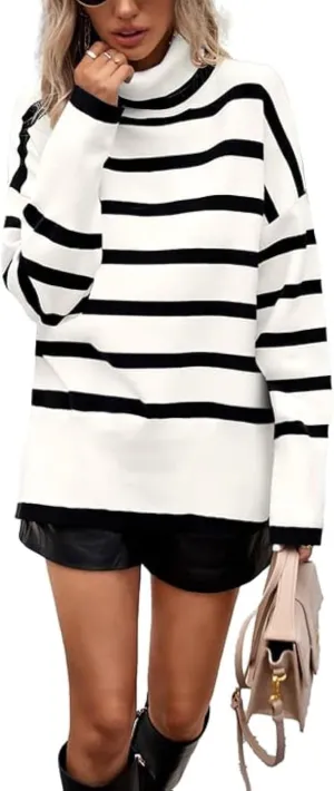AiMgFUN Womens Strip Turtleneck Sweaters Long Sleeve Slit Knit Tops Fall Oversized Sweater Pullover Tops