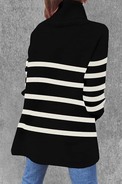 AiMgFUN Womens Strip Turtleneck Sweaters Long Sleeve Slit Knit Tops Fall Oversized Sweater Pullover Tops