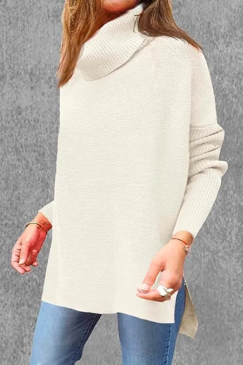 AiMgFUN Womens Strip Turtleneck Sweaters Long Sleeve Slit Knit Tops Fall Oversized Sweater Pullover Tops