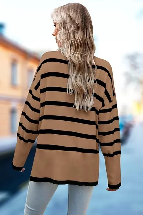 AiMgFUN Womens Strip Turtleneck Sweaters Long Sleeve Slit Knit Tops Fall Oversized Sweater Pullover Tops
