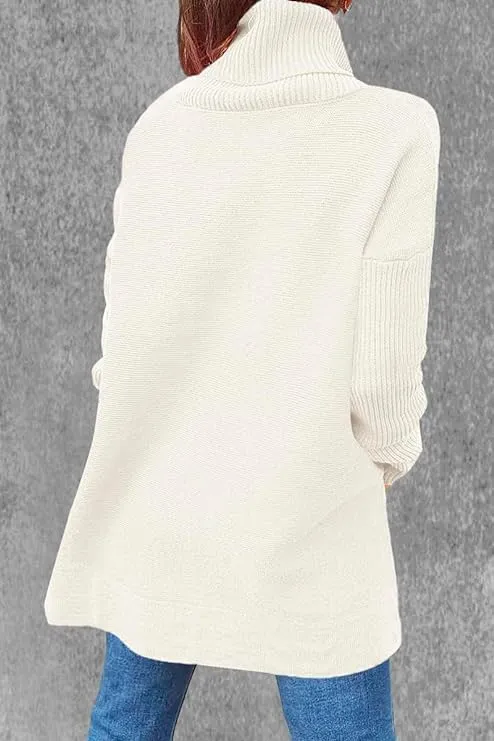 AiMgFUN Womens Strip Turtleneck Sweaters Long Sleeve Slit Knit Tops Fall Oversized Sweater Pullover Tops
