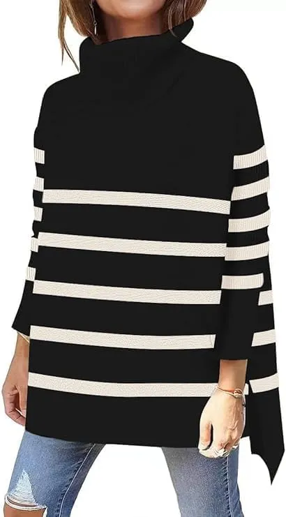 AiMgFUN Womens Strip Turtleneck Sweaters Long Sleeve Slit Knit Tops Fall Oversized Sweater Pullover Tops