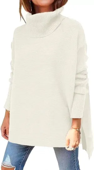 AiMgFUN Womens Strip Turtleneck Sweaters Long Sleeve Slit Knit Tops Fall Oversized Sweater Pullover Tops