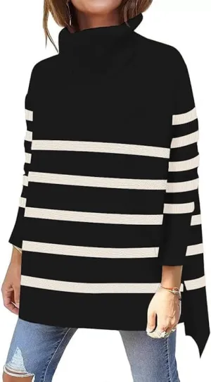 AiMgFUN Womens Strip Turtleneck Sweaters Long Sleeve Slit Knit Tops Fall Oversized Sweater Pullover Tops