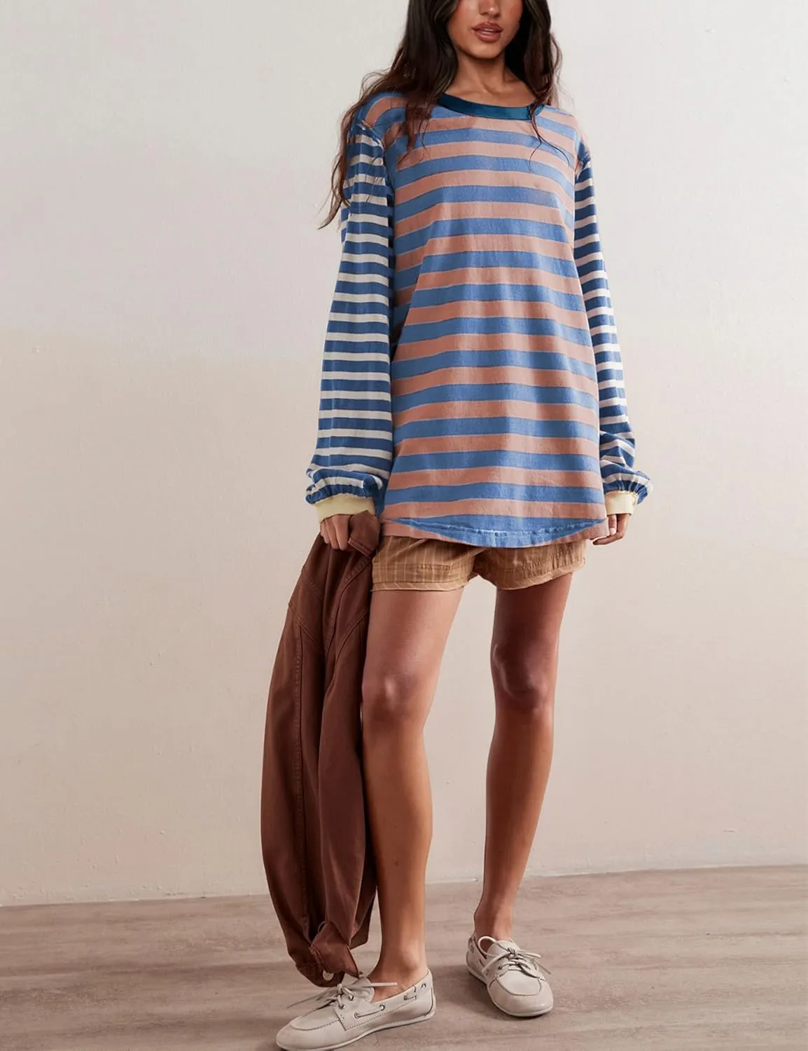 AMEBELLE Tops for Women Trendy Oversized Long Sleeve Shirts for Women Y2K Tops Stripe Tee Womens Sweatshirt
