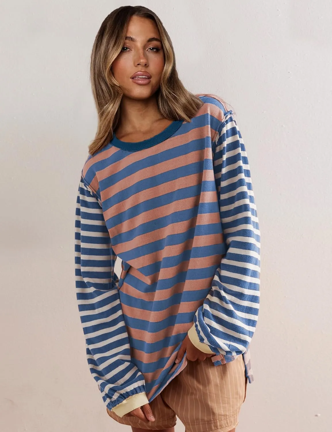 AMEBELLE Tops for Women Trendy Oversized Long Sleeve Shirts for Women Y2K Tops Stripe Tee Womens Sweatshirt