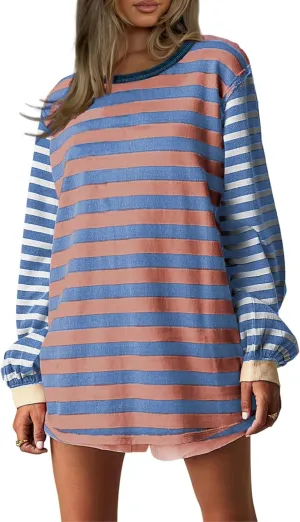 AMEBELLE Tops for Women Trendy Oversized Long Sleeve Shirts for Women Y2K Tops Stripe Tee Womens Sweatshirt