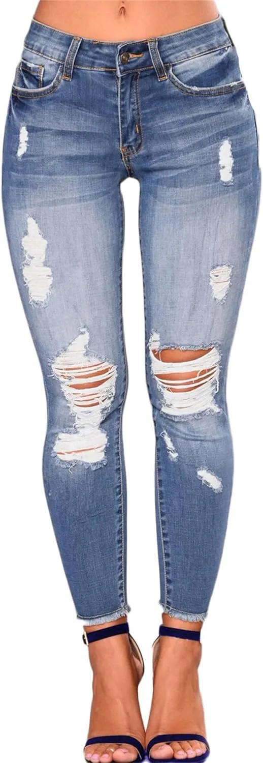Andongnywell Distressed Jeans Women Skinny Ripped Jeans High Rise Stretch Butt Lift Jegging Sexy Denim Pants with Pockets