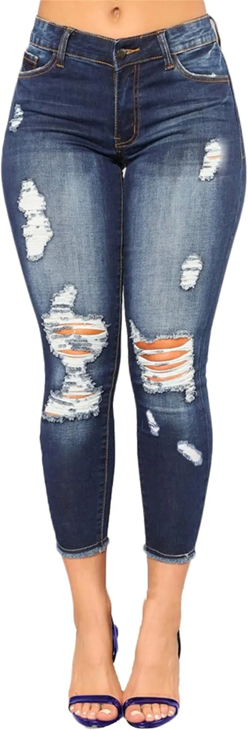 Andongnywell Distressed Jeans Women Skinny Ripped Jeans High Rise Stretch Butt Lift Jegging Sexy Denim Pants with Pockets