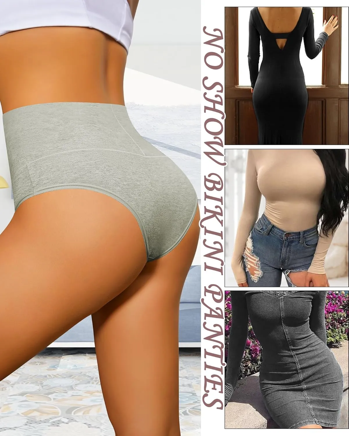 ASIMOON High Waisted Bikini Underwear for Women Tummy Control Cotton Panties Soft Strech No Muffin Cheeky Panty Multi Pack