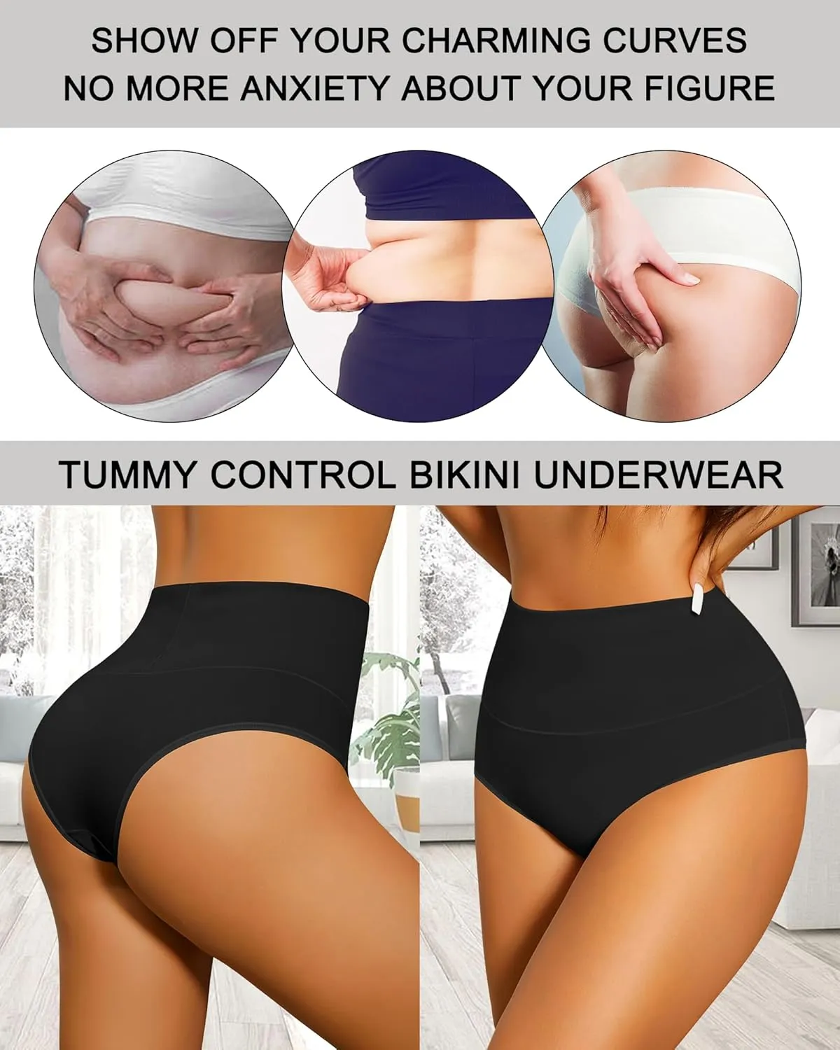 ASIMOON High Waisted Bikini Underwear for Women Tummy Control Cotton Panties Soft Strech No Muffin Cheeky Panty Multi Pack