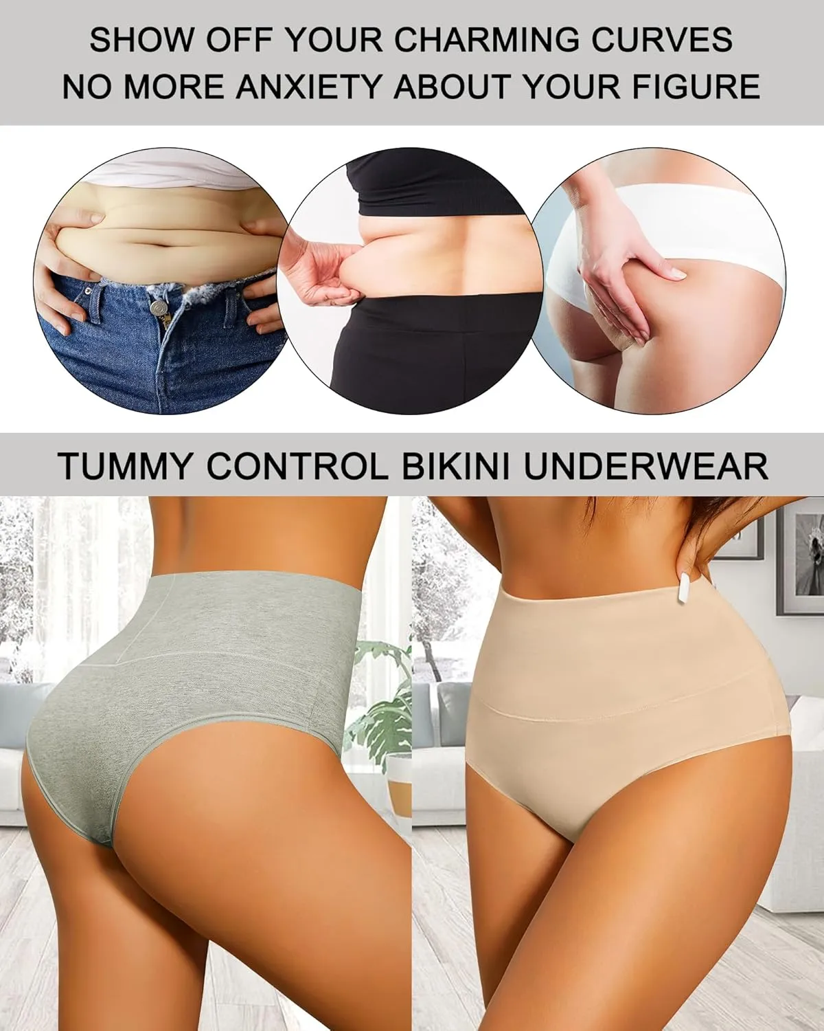 ASIMOON High Waisted Bikini Underwear for Women Tummy Control Cotton Panties Soft Strech No Muffin Cheeky Panty Multi Pack