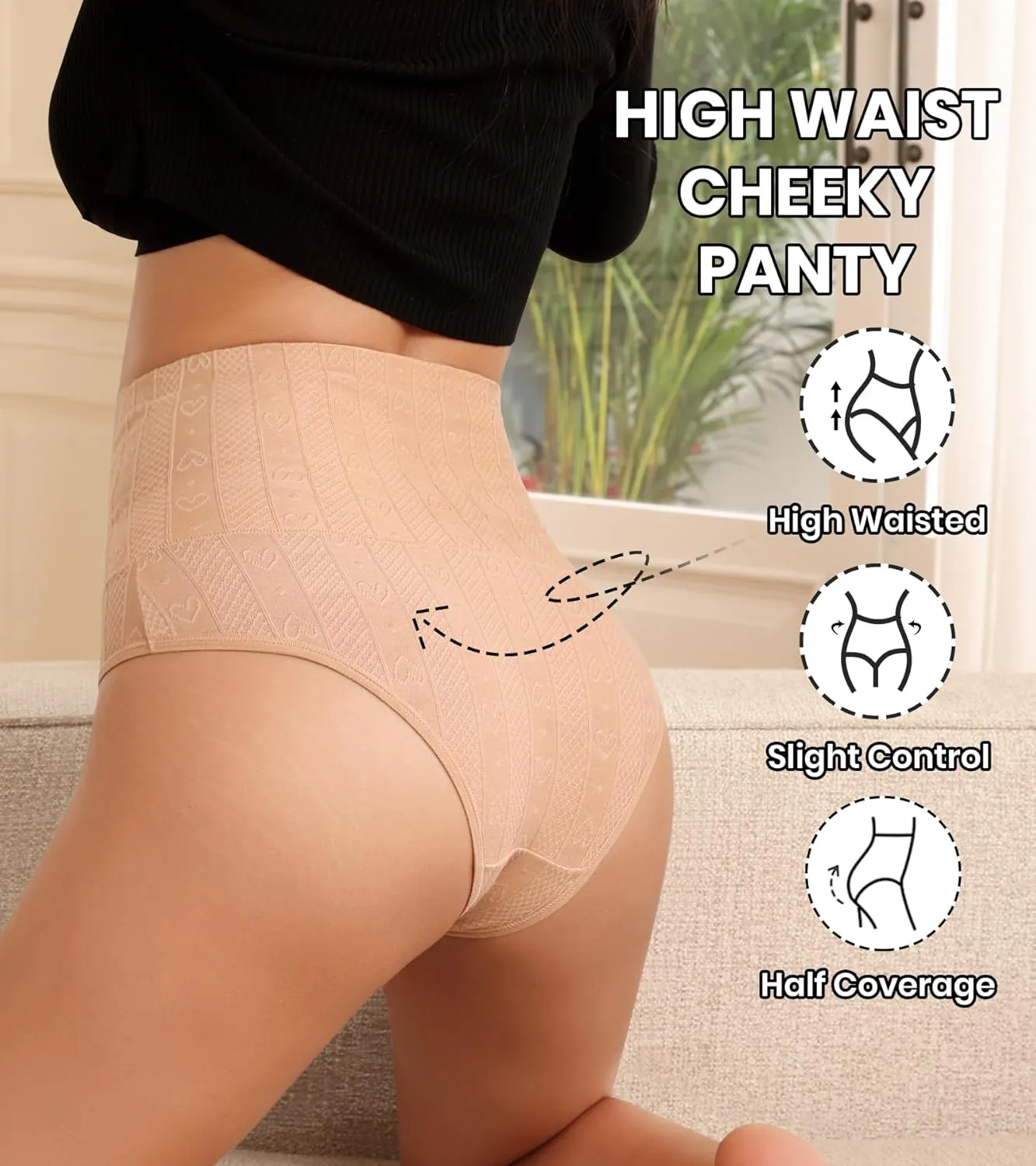 ASIMOON High Waisted Bikini Underwear for Women Tummy Control Cotton Panties Soft Strech No Muffin Cheeky Panty Multi Pack