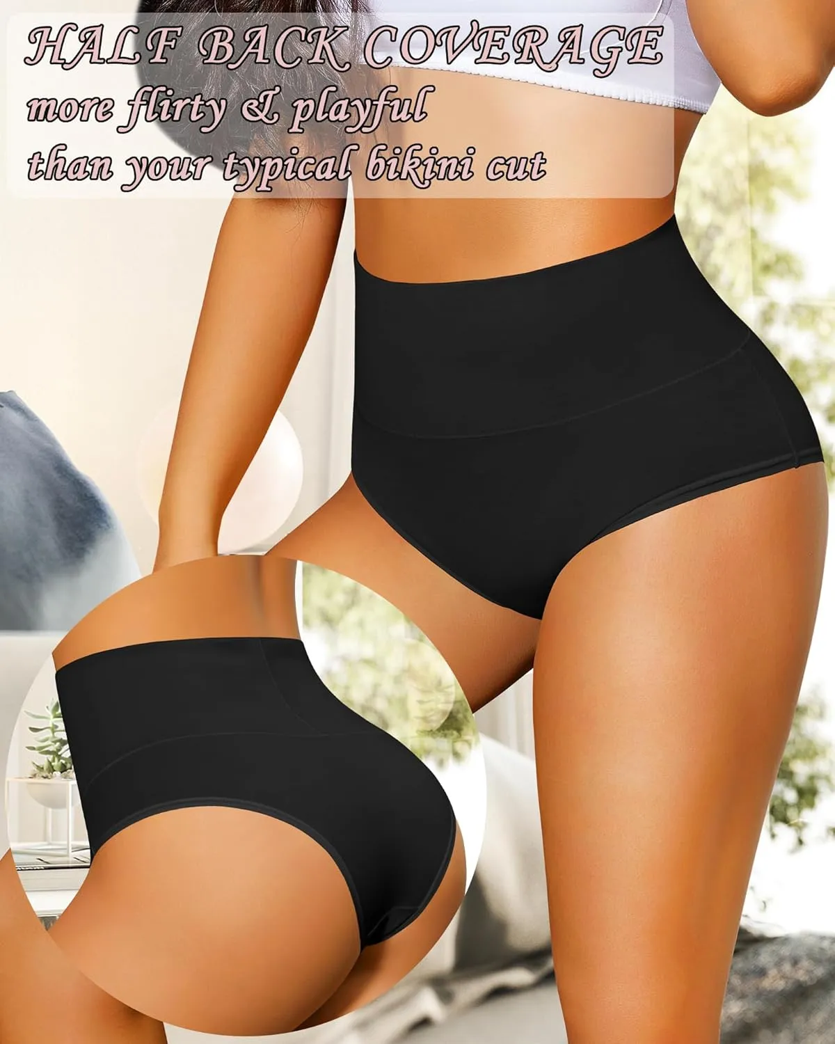 ASIMOON High Waisted Bikini Underwear for Women Tummy Control Cotton Panties Soft Strech No Muffin Cheeky Panty Multi Pack