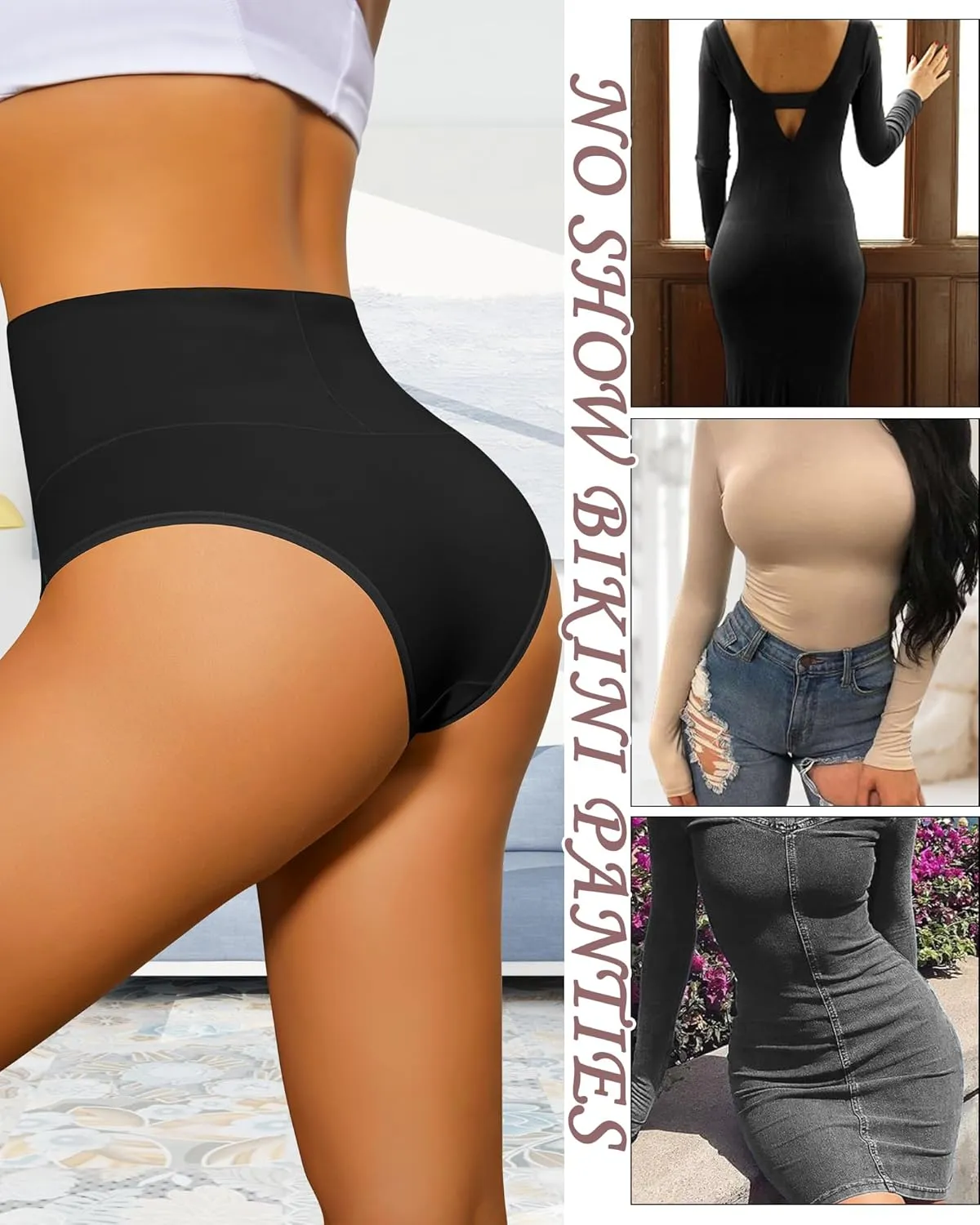 ASIMOON High Waisted Bikini Underwear for Women Tummy Control Cotton Panties Soft Strech No Muffin Cheeky Panty Multi Pack