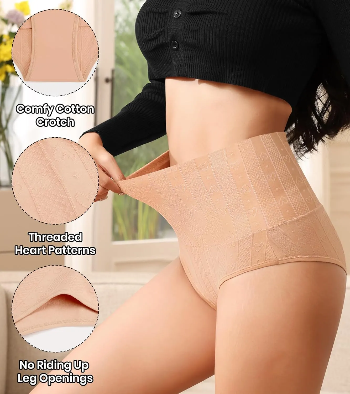 ASIMOON High Waisted Bikini Underwear for Women Tummy Control Cotton Panties Soft Strech No Muffin Cheeky Panty Multi Pack