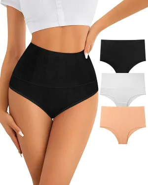 ASIMOON High Waisted Bikini Underwear for Women Tummy Control Cotton Panties Soft Strech No Muffin Cheeky Panty Multi Pack