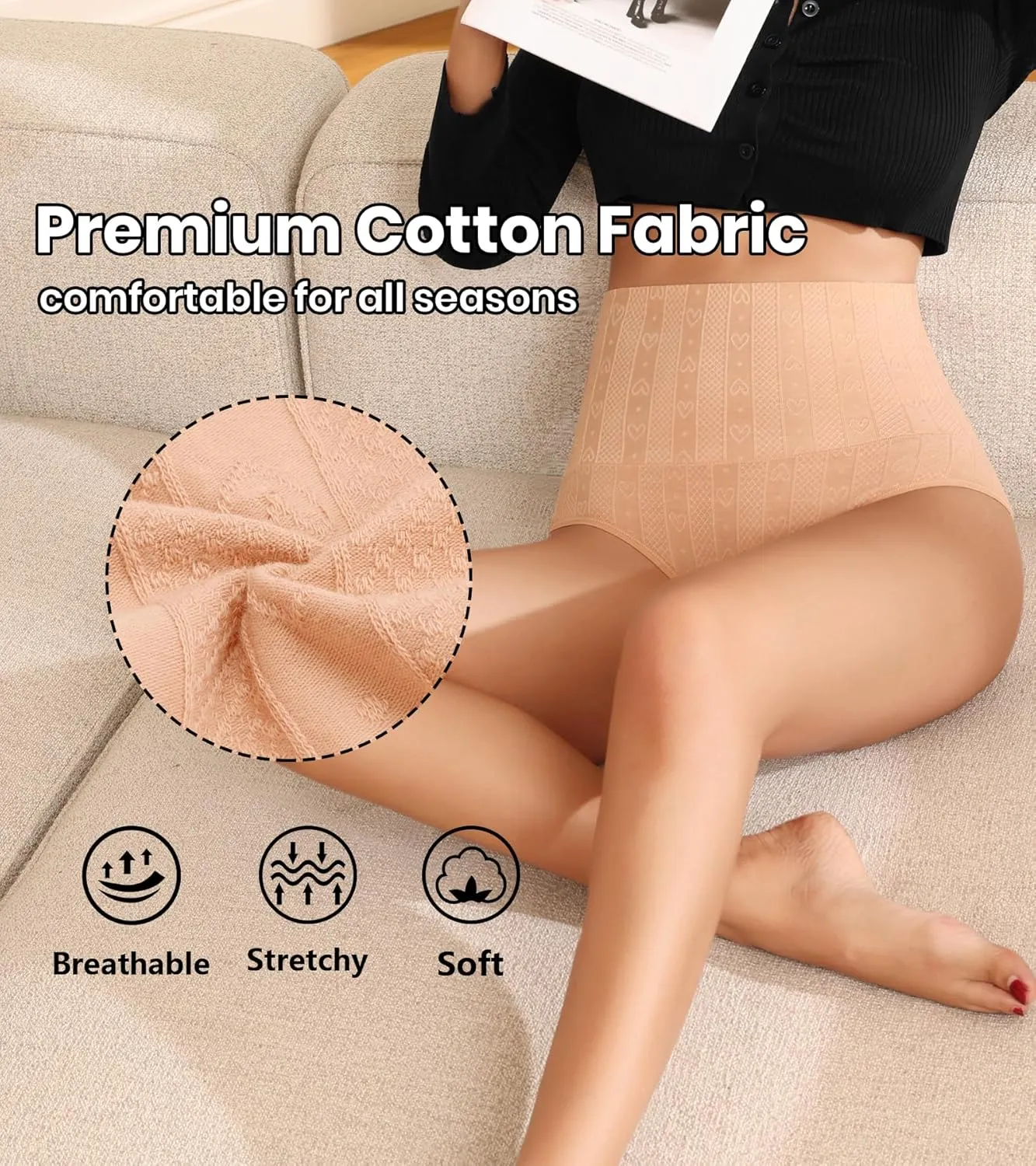 ASIMOON High Waisted Bikini Underwear for Women Tummy Control Cotton Panties Soft Strech No Muffin Cheeky Panty Multi Pack