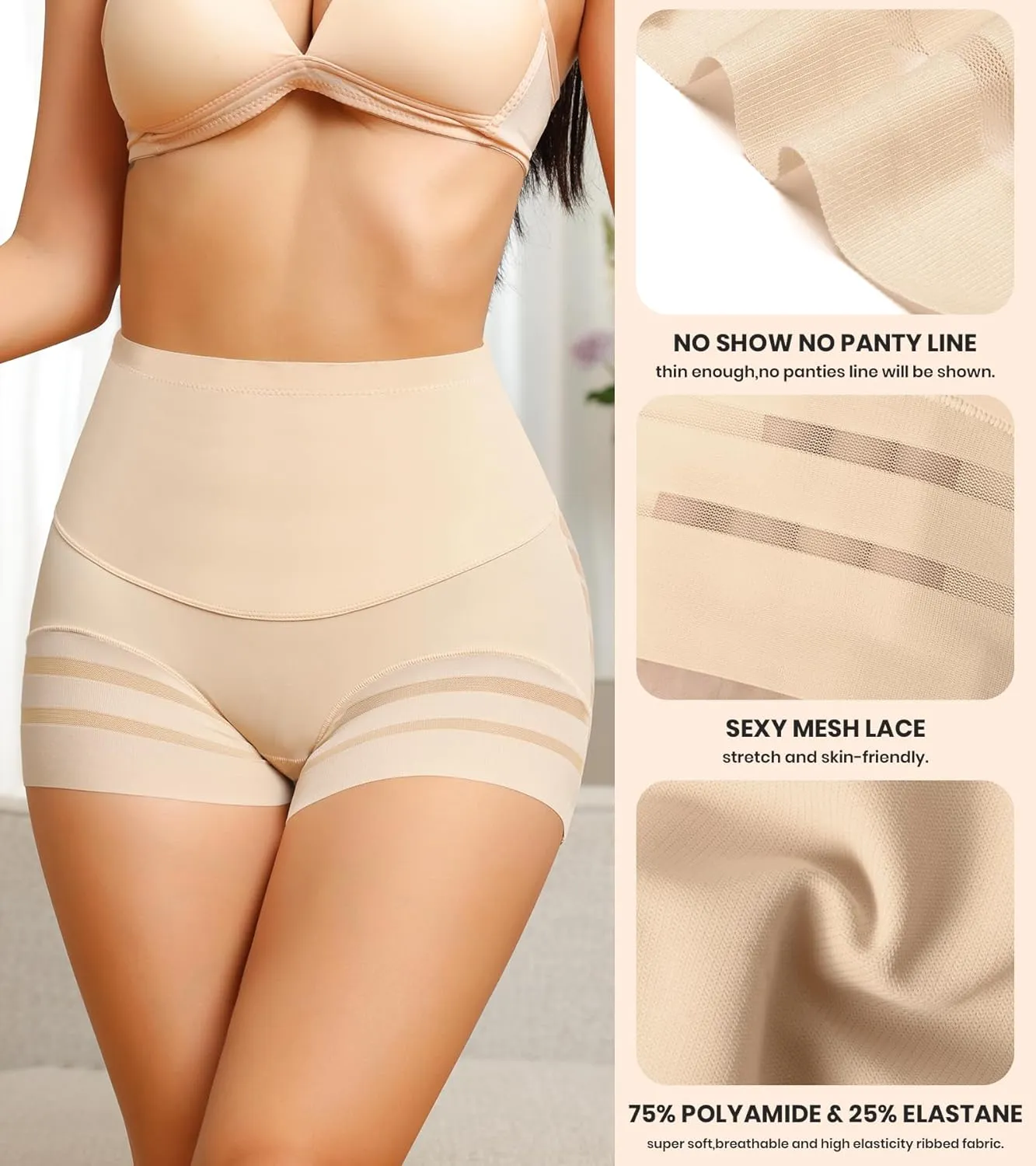 ASIMOON Tummy Control Boyshorts Underwear for Women Stretch High Waisted Shapewear Sexy Mesh No Show Panties for Ladies