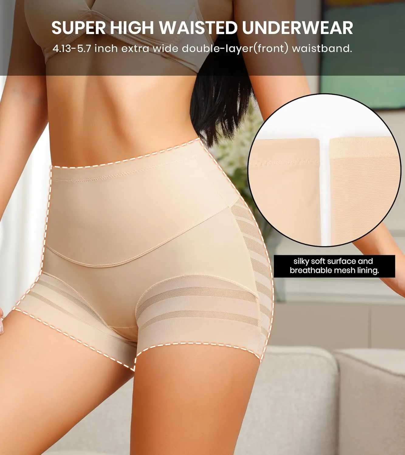 ASIMOON Tummy Control Boyshorts Underwear for Women Stretch High Waisted Shapewear Sexy Mesh No Show Panties for Ladies