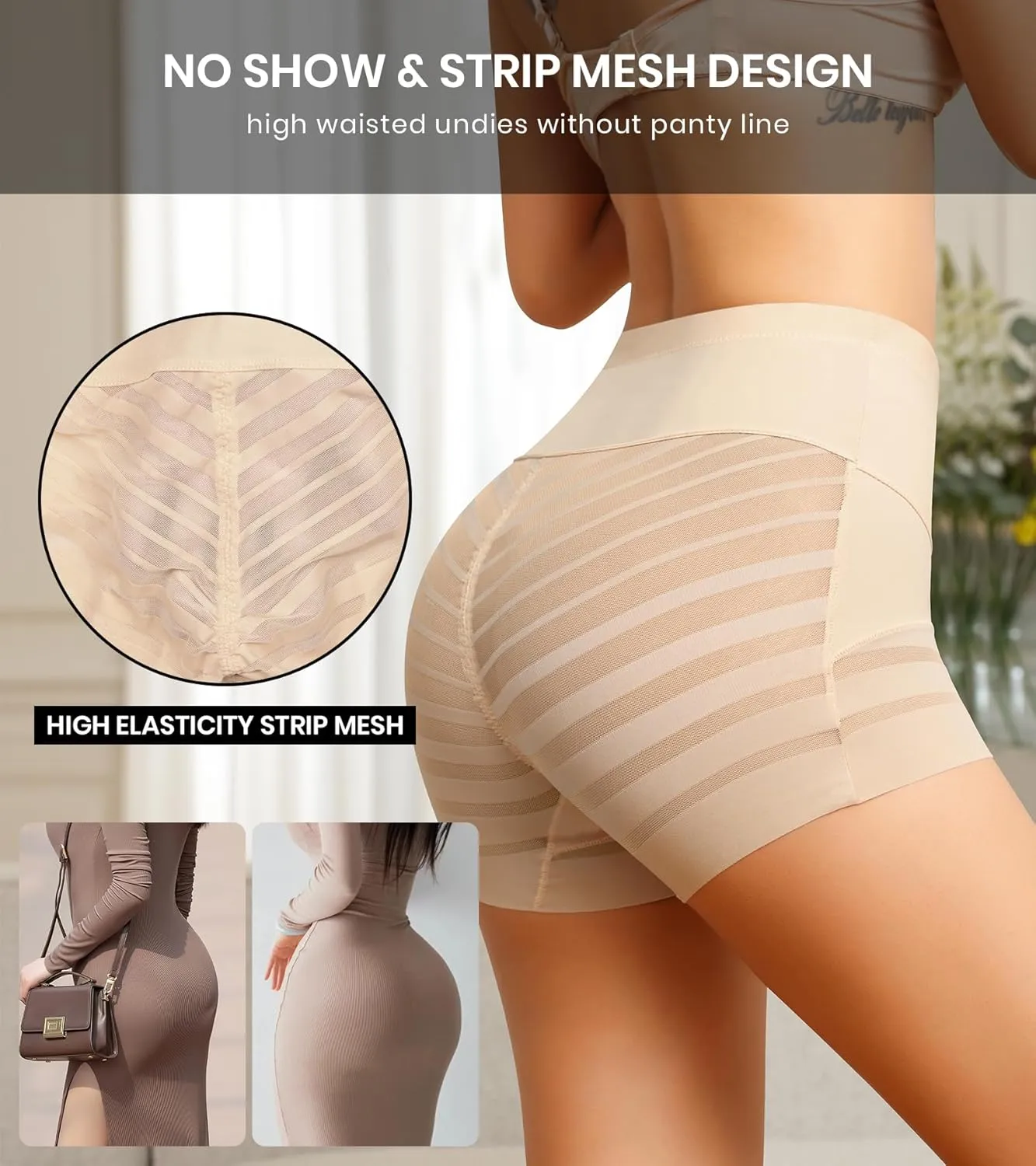 ASIMOON Tummy Control Boyshorts Underwear for Women Stretch High Waisted Shapewear Sexy Mesh No Show Panties for Ladies
