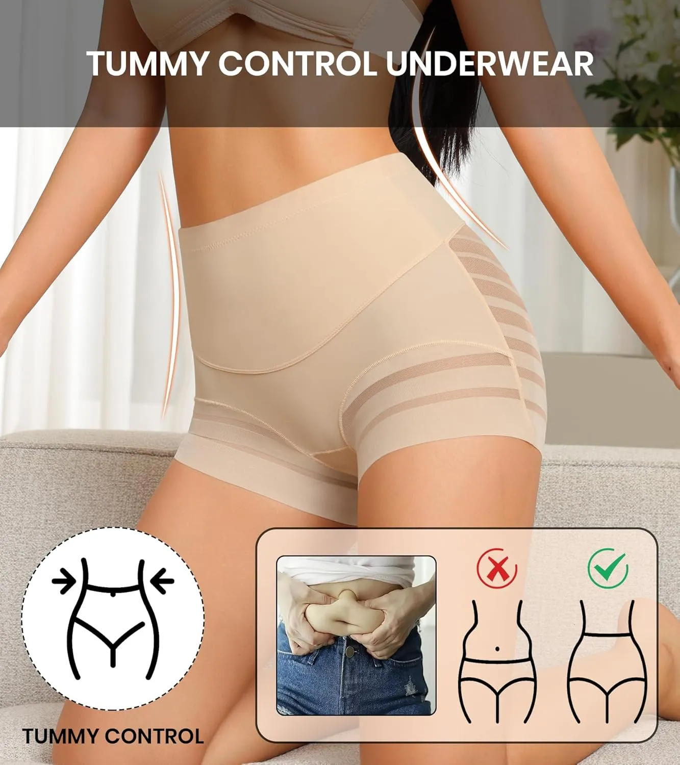 ASIMOON Tummy Control Boyshorts Underwear for Women Stretch High Waisted Shapewear Sexy Mesh No Show Panties for Ladies