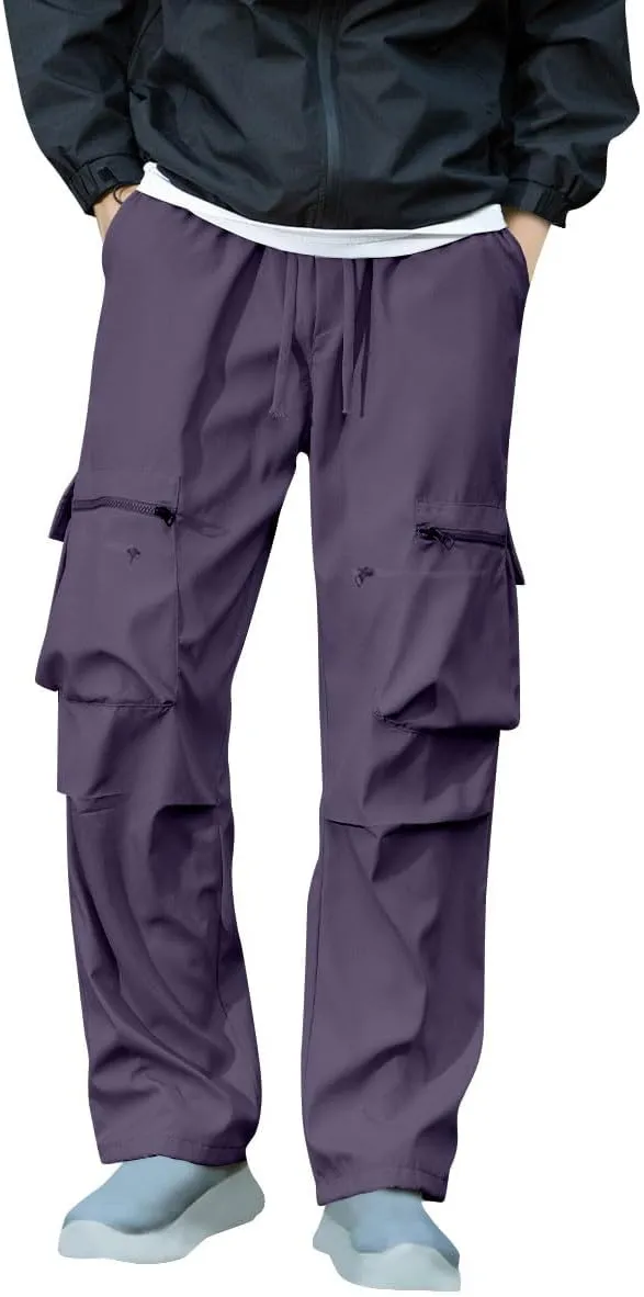 Baggy Cargo Pants Men Multi-Pockets Solid Color Hiking Pants Elastic Waist Drawstring Outdoor Pants Straight Leg Pants