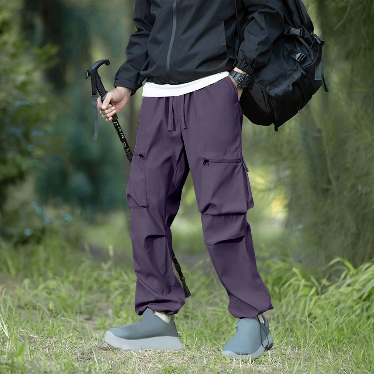 Baggy Cargo Pants Men Multi-Pockets Solid Color Hiking Pants Elastic Waist Drawstring Outdoor Pants Straight Leg Pants