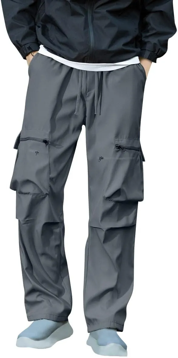 Baggy Cargo Pants Men Multi-Pockets Solid Color Hiking Pants Elastic Waist Drawstring Outdoor Pants Straight Leg Pants